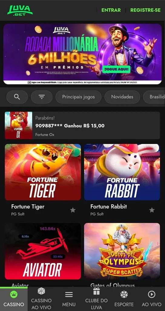 Cassino da Luva.bet com destaque para Fortune Tiger, Fortube Rabbit, Aviator e Gates of Olympus.
