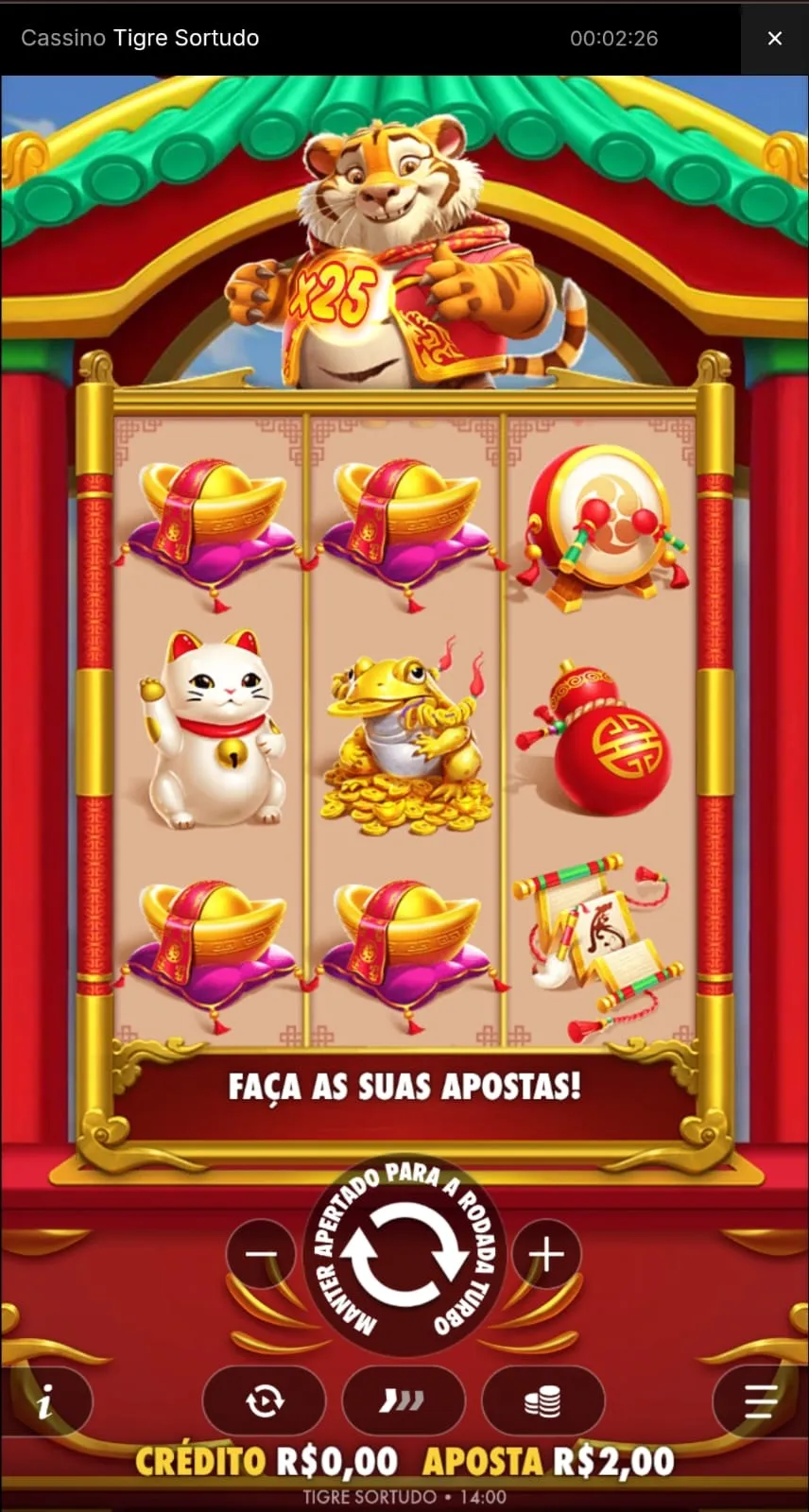 Screenshot do Tigre Sortudo slot, com opções para fazer apostas.