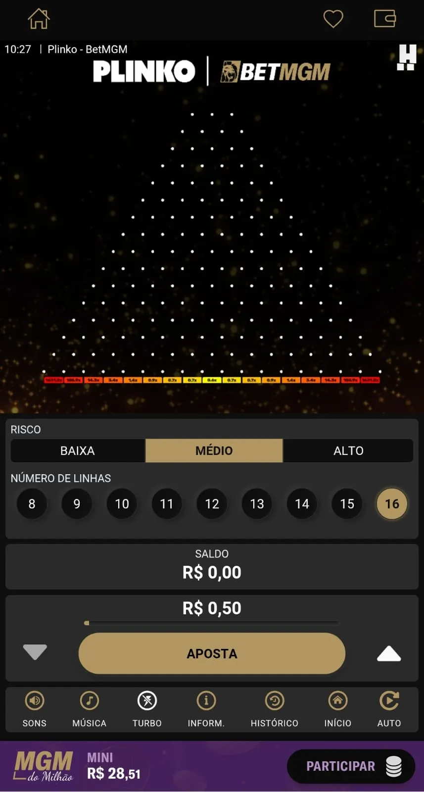 Pinos, um domo com bolinhas e base com diferentes multiplicadores do crash game Plinko BetMGMG