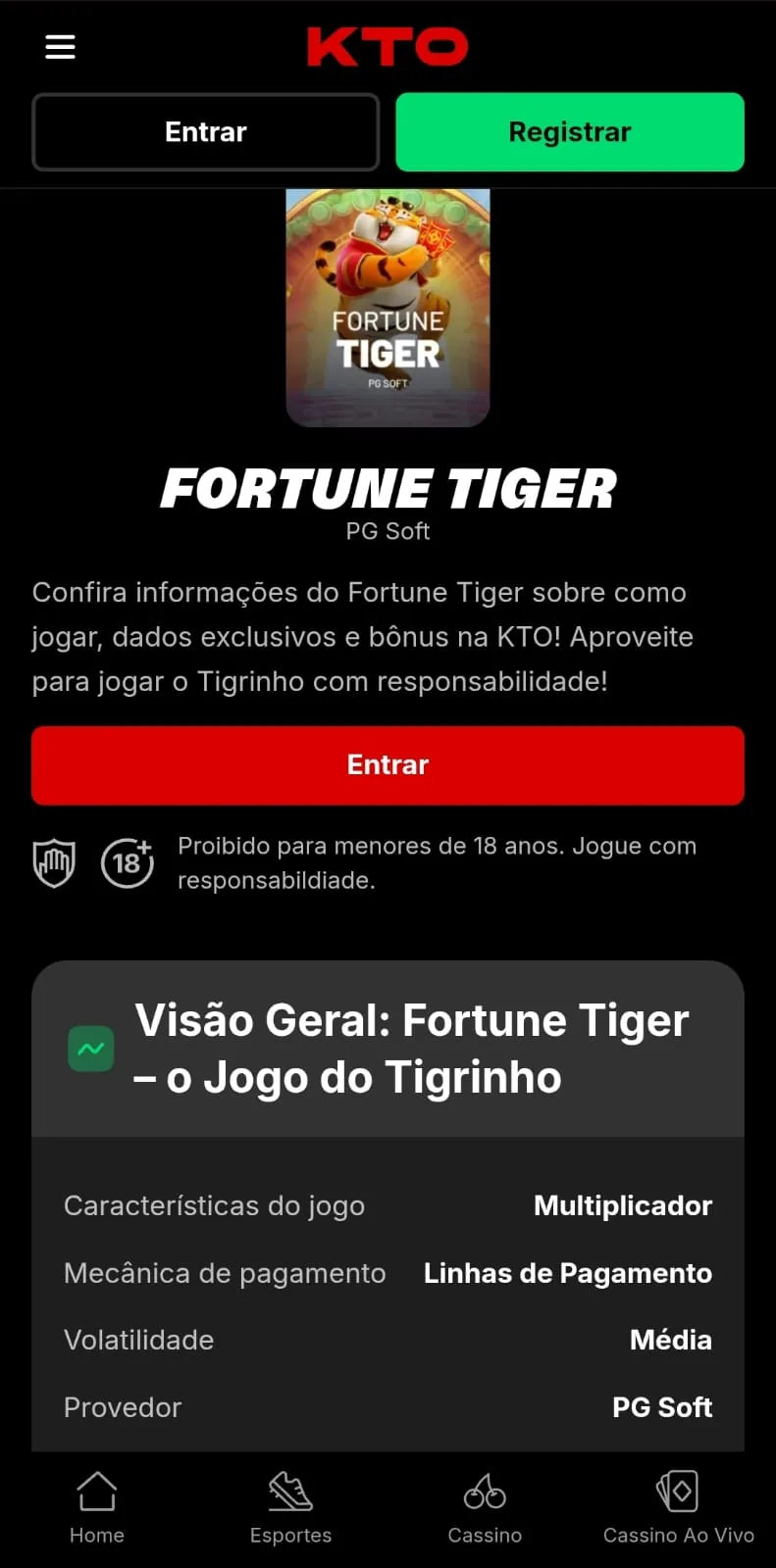 Página de informações do Fortune Tiger na KTO, com a visão geral sobre o jogo do tigrinho.