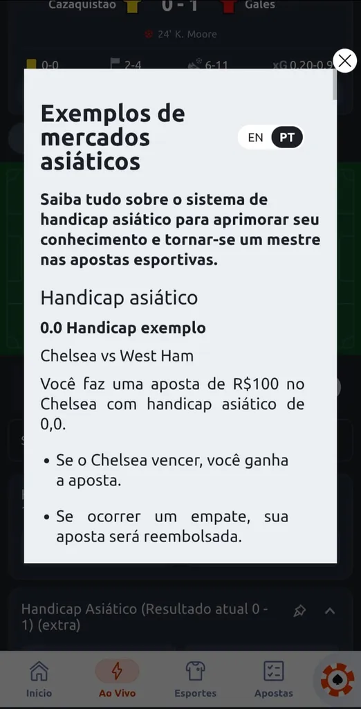 Exemplo de handicap asiático em apostas esportivas mostrando partida Chelsea vs West Ham e explicação sobre o handicap 0.0.