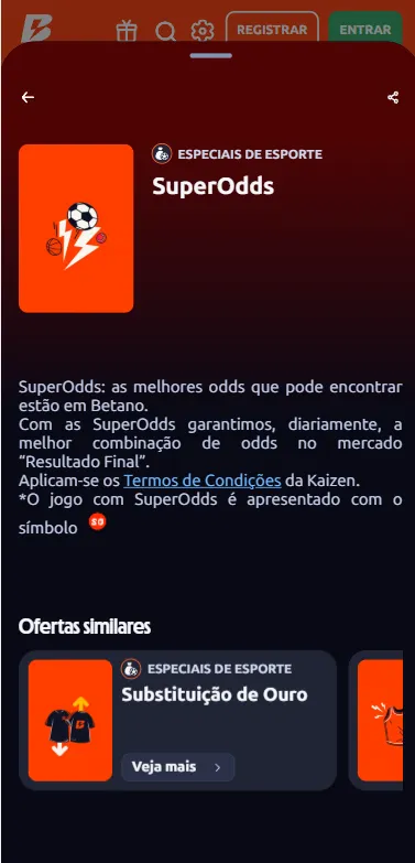 Página promocional das Super Odds na Betano com explicações sobre aplicação no resultado final