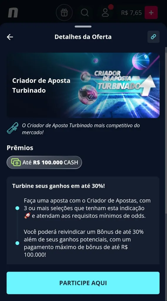Oferta criador de aposta turbinado na Novibet com boost nos ganhos conforme as odds totais do bilhete.