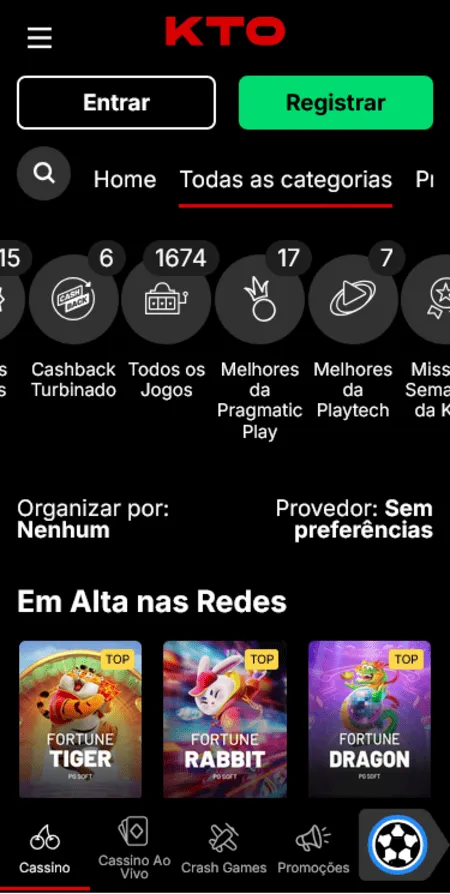 Página de Todas as categorias de jogos da KTO, exibindo 3 jogos em alta nas redes, como Fortune Tiger
