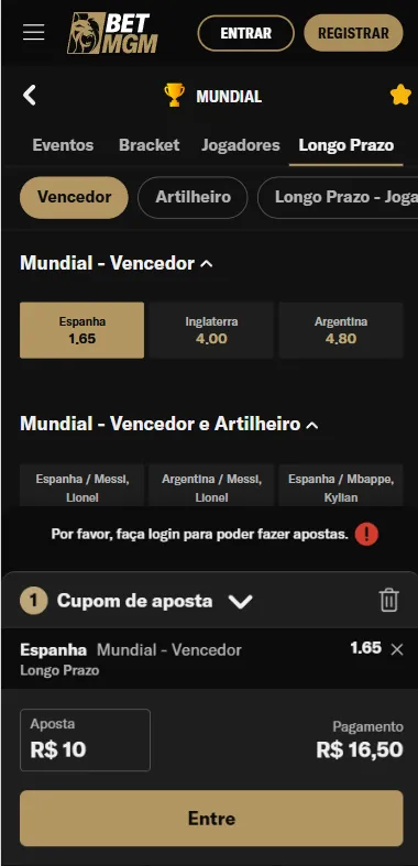 Bilhete de apostas na Espanha como vencedora da Copa do Mundo na BetMGM com odds 1.65.