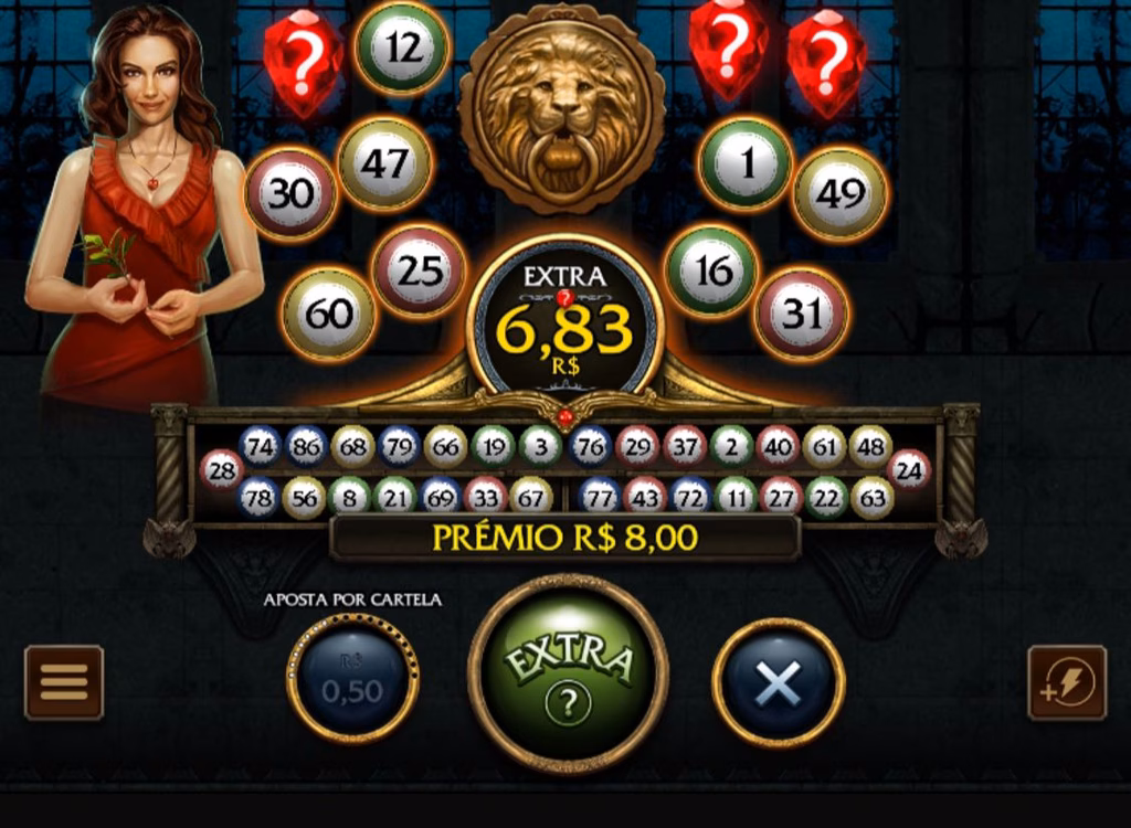 Jogo de bingo online com bolas sorteadas gerando prêmio de R$ 8 e cada bola extra a R$ 6,83.