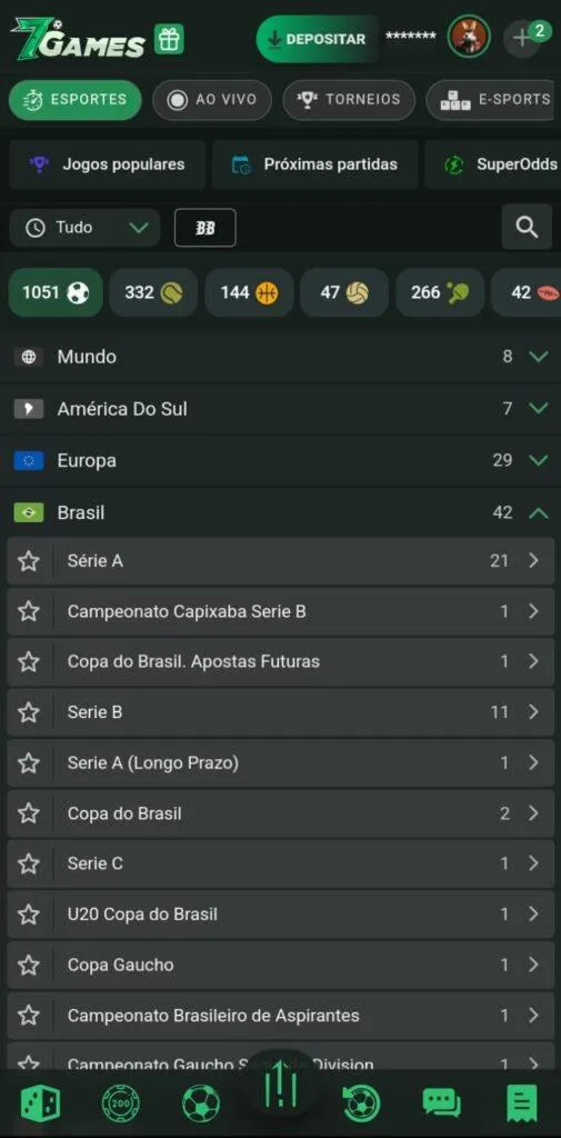 Tela de Esportes da 7Games.BET