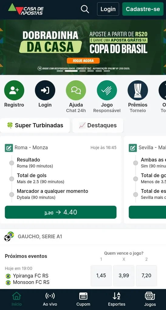 Super turbinadas na Casa de Apostas e banner da promoção Dobradinha da Casa, com freebet para a Copa do Brasil