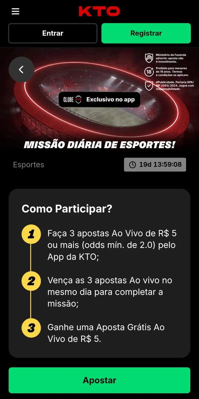 Print da página promocional da missão diária de esportes na KTO com freebets de R$ 5.
