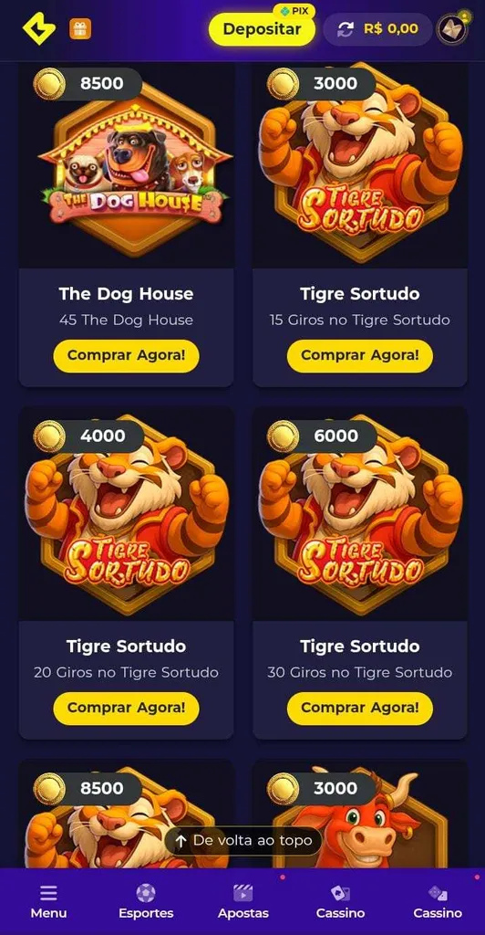 Ícones de 4 produtos da loja da Multibet, incluindo rodadas grátis para Tigre Sortudo e The Dog House
