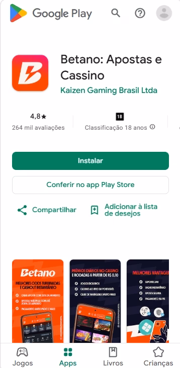 Página de download do app Betano na Play Store com nota 4,8 e 264 mil avaliações