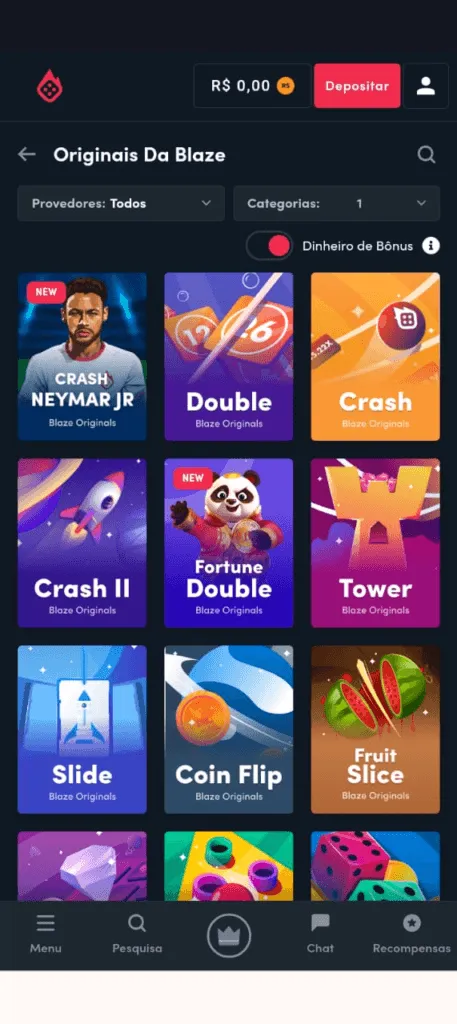 Jogos originais da Blaze, incluindo Crash Neymar JR, Double, Crash e Fortune Double