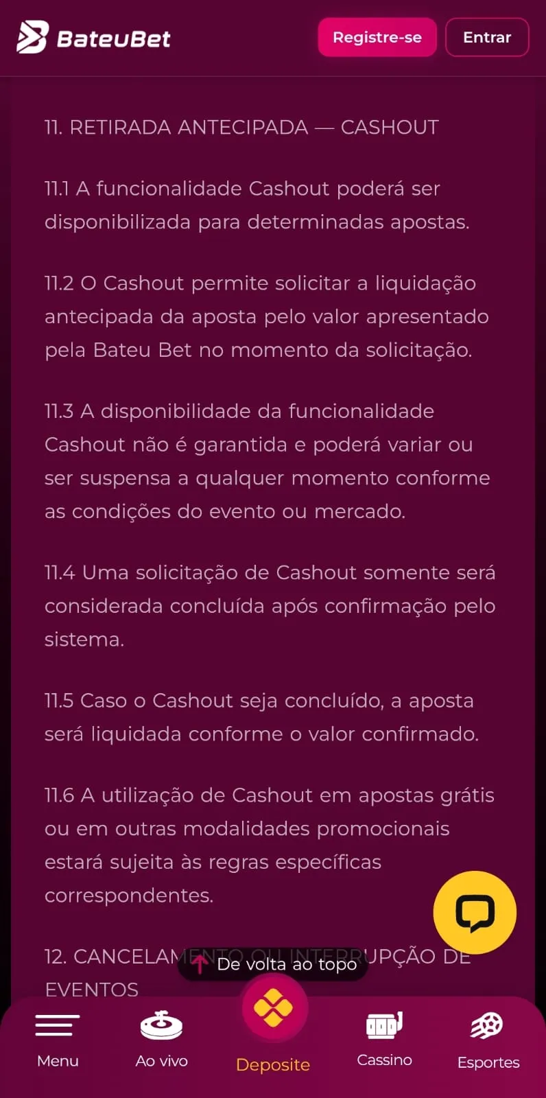 Regras de Cash Out nos termos e condições da BateuBet