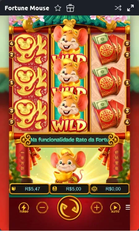 Slot Fortune Mouse, com símbolos wild, envelope e figura dourada na grade 3x3 e valor de aposta de R$5
