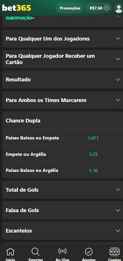 Odds de chance dupla Países Baixos x Argélia na bet365