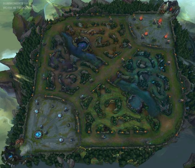 Mapa de Summoner’s Rift e seu esquema de rotas e torres. Crédito: Riot Games