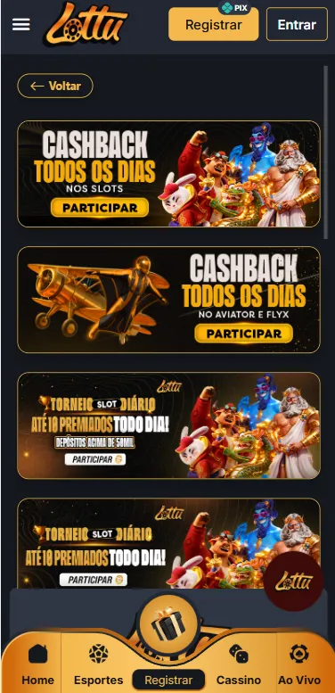 Promoções de cashback todos os dias na Lottu e Torneios diários nos slots