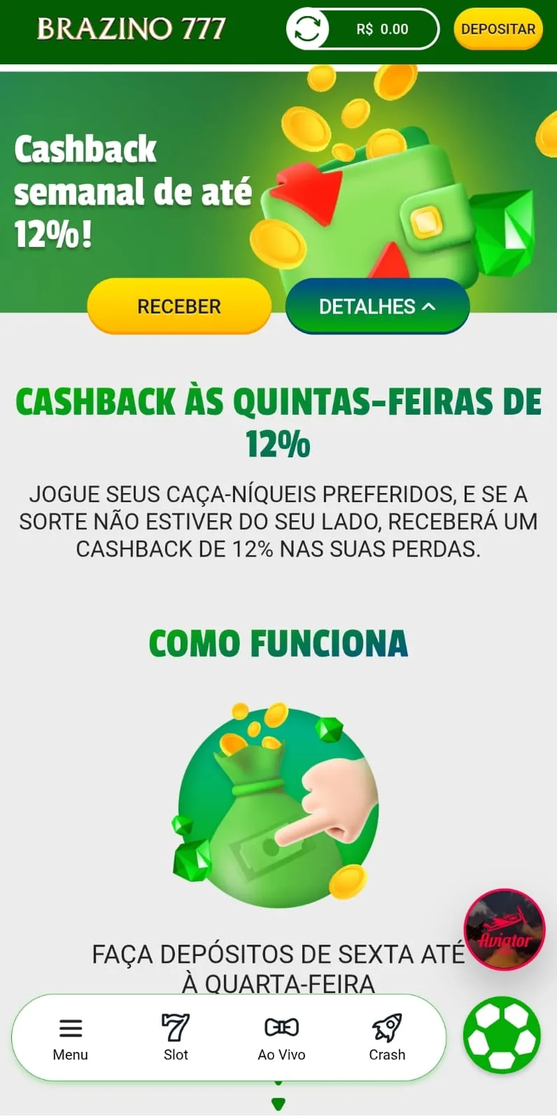Print da oferta de cashback semanal até 12% da Brazino777