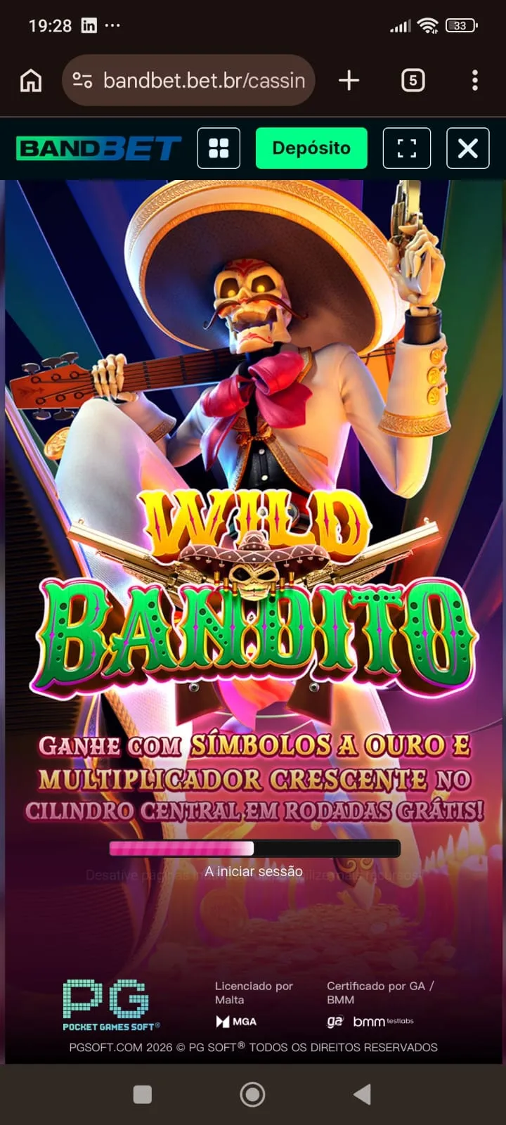  Print da tela de carregamento inicial do slot Wild Bandito na Bandbet com destaque para o mascote do jogo.
Data: 22/05/26