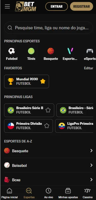 Esportes da BetMGM com busca por competições, principais ligas e modalidades esportivas.