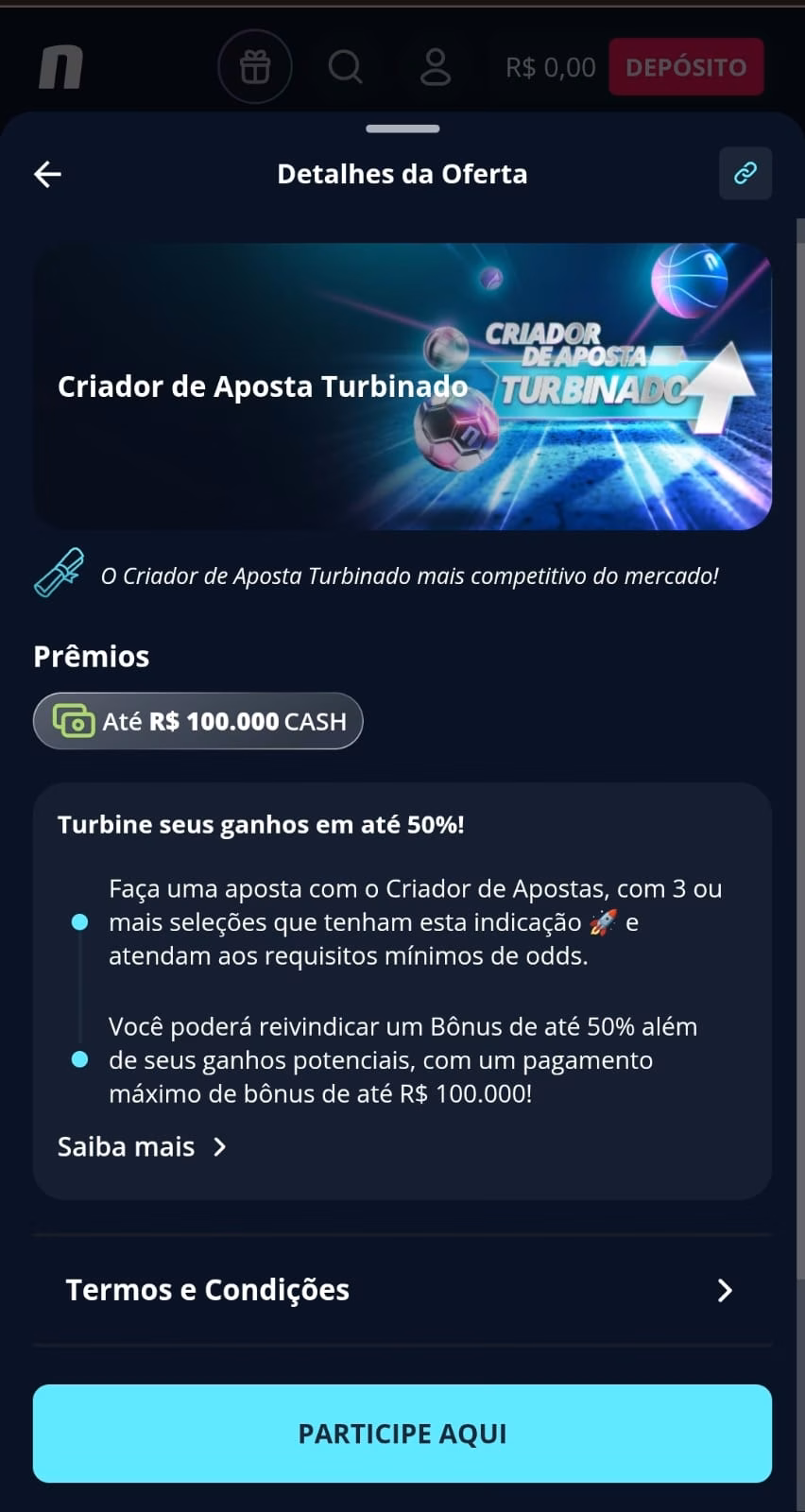 Oferta criador de aposta turbinado na Novibet com boost nos ganhos conforme as odds totais do bilhete.