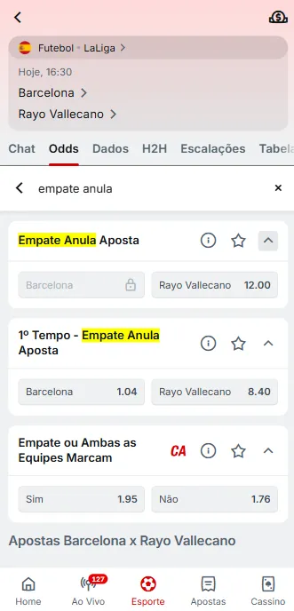Ferramenta de busca da Superbet exibindo o mercado Empate Anula Aposta para Barcelona x Rayo Vallecano
