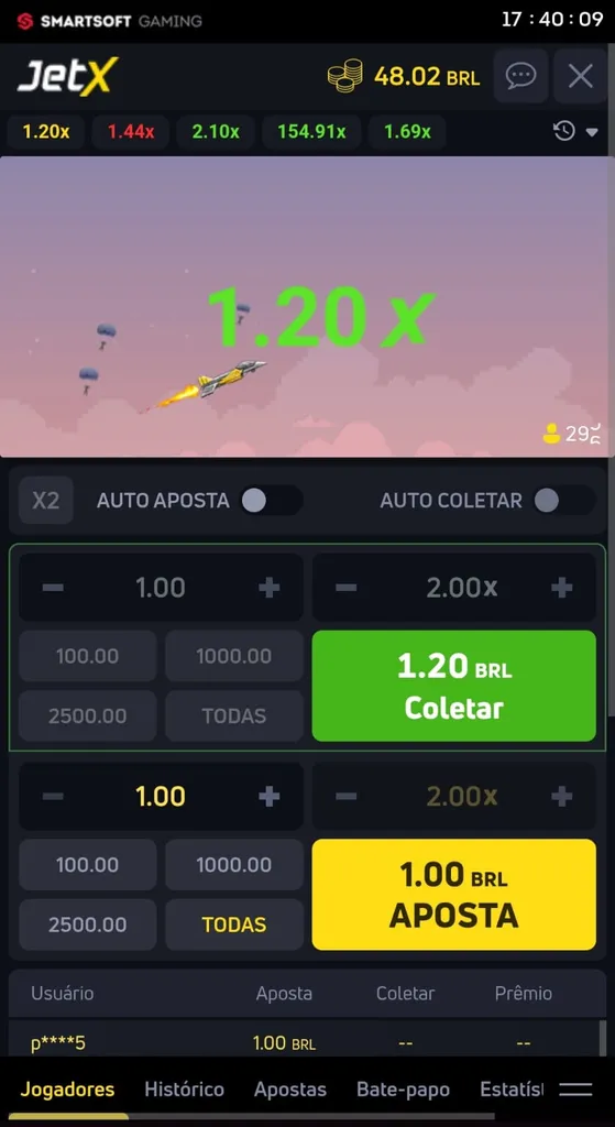 Rodada do jogo JetX, com avião decolando com o multiplicador 1.20x e o botão de coletar a R$1,20 BRL