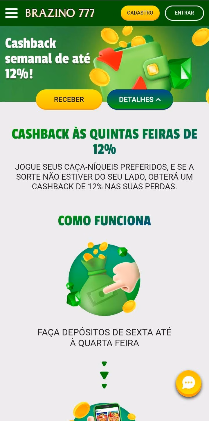 Cashback semanal de até 12% na Brazino777, com infográfico explicando como funciona a oferta