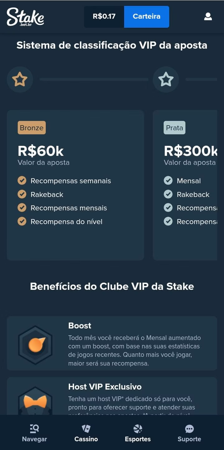 Clube VIP da Stake, com os prêmios para o nível Bronze e texto dos benefícios de Boost e Host VIP exclusivo