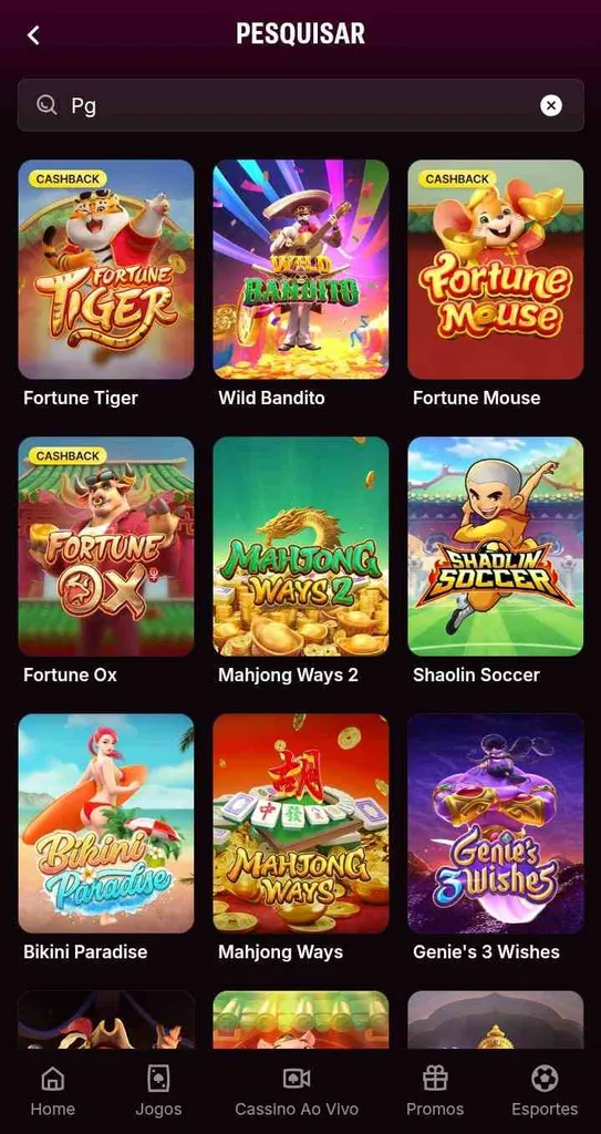 Ícones de 9 jogos da PG Soft na Superbet, incluindo Fortune Tiger, Wild Bandito e Fortune Mouse