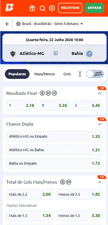 Chance dupla na partida entre Atlético Mineiro x Bahia na Betano