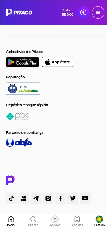 Tela do Rei do Pitaco exibindo selos de reputação e botões de download