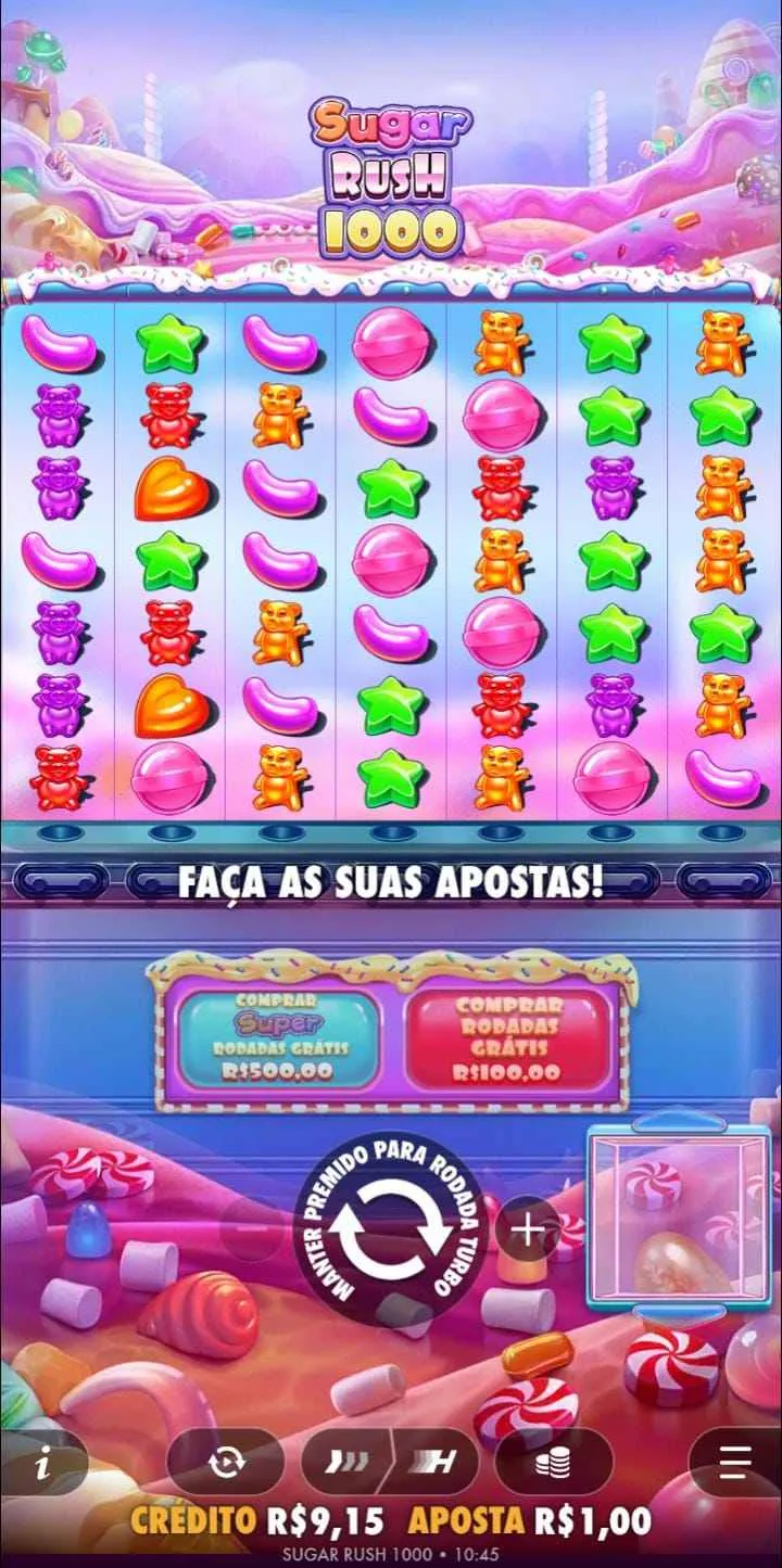 Diferentes símbolos em Sugar Rush, com dois tipos de compra de rodadas grátis e aposta a R$1
