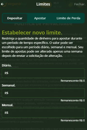 Ferramentas de jogo responsável com definição de limite de apostas diário, semanal e mensal.