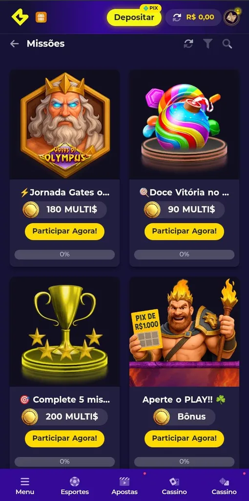 Programa VIP da Multibet com missões que acumulam Multi$, além dos botões para começar a participar.
