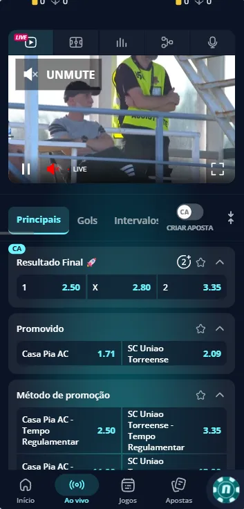Jogo transmitido ao vivo pela Novibet com Assista e Aposte. No topo, a imagem, e, abaixo, os mercados