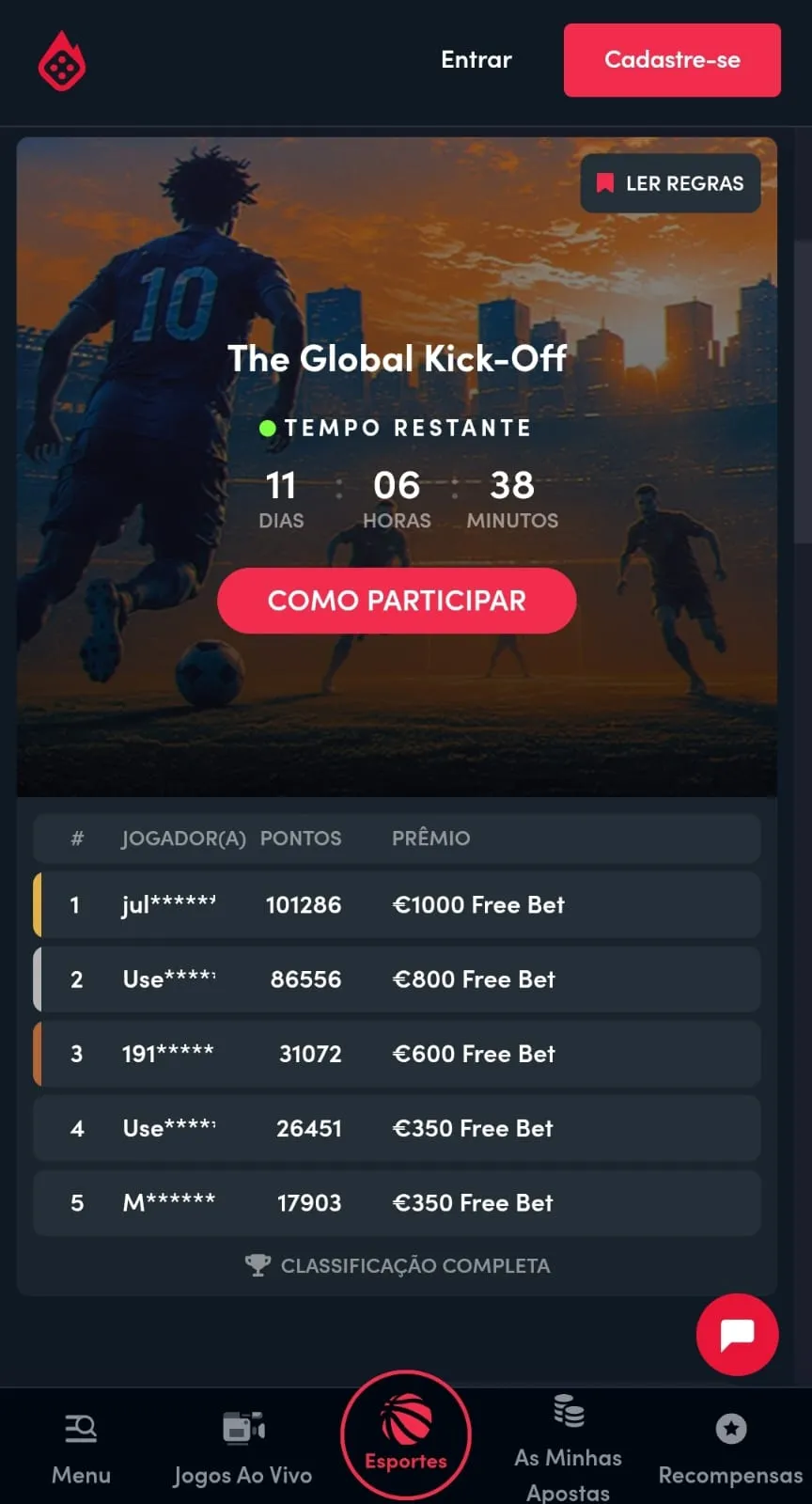 Print do Torneio da Copa da Blaze, destacando o banner promocional e a tabela de classificação com os prémios em freebet para os melhores colocados.