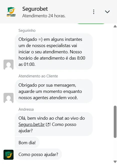 Conversa no chat ao vivo da Segurobet com resposta da atendente sobre o que pode ajudar.