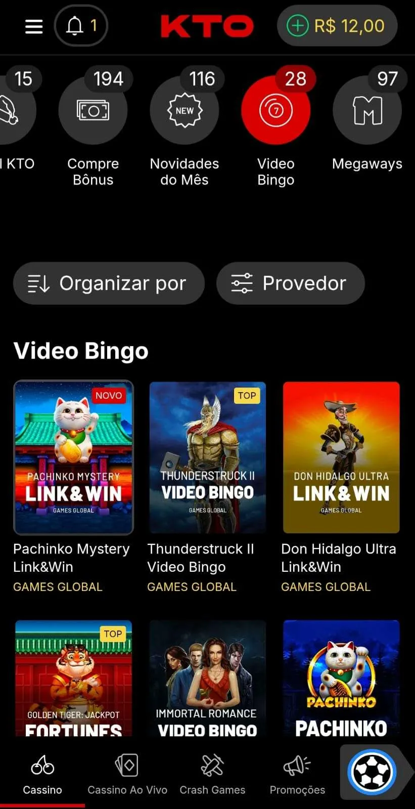 Seção esclusiva de video bingo na KTO com 28 opções de jogos como Link & Win e Fortunes.