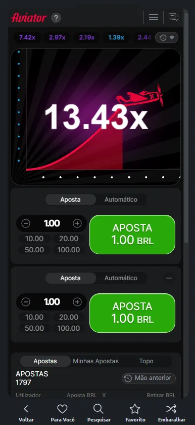 Crash game Aviator, com multiplicador em 13.43x e dois botões de apostas configurados a 1 real