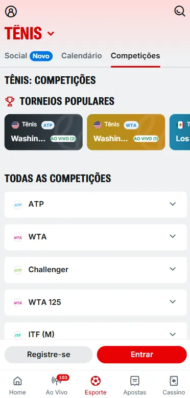 Categoria de tênis na Superbet com torneios ATP, WTA, Challenger, WTA 125 e ITF