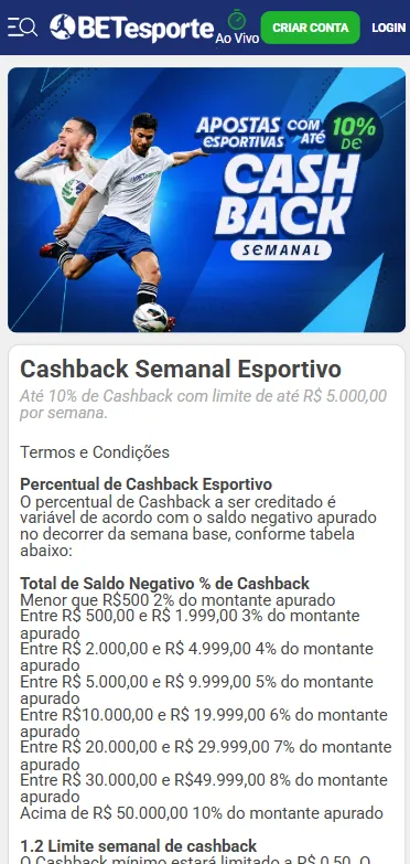 Cashback semanal de até 10% na BETesporte