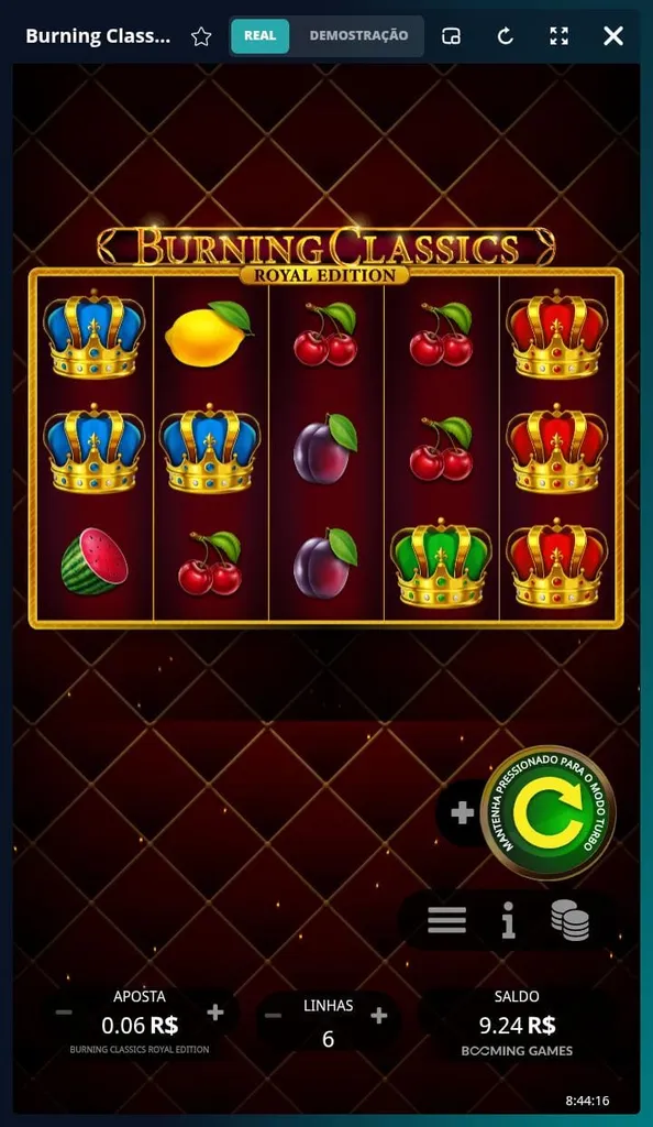 Jogo Burning Classics com aposta definida em R$0,06 e grade 3x5 com coroas e frutas espalhadas sem combinações premiadas.
