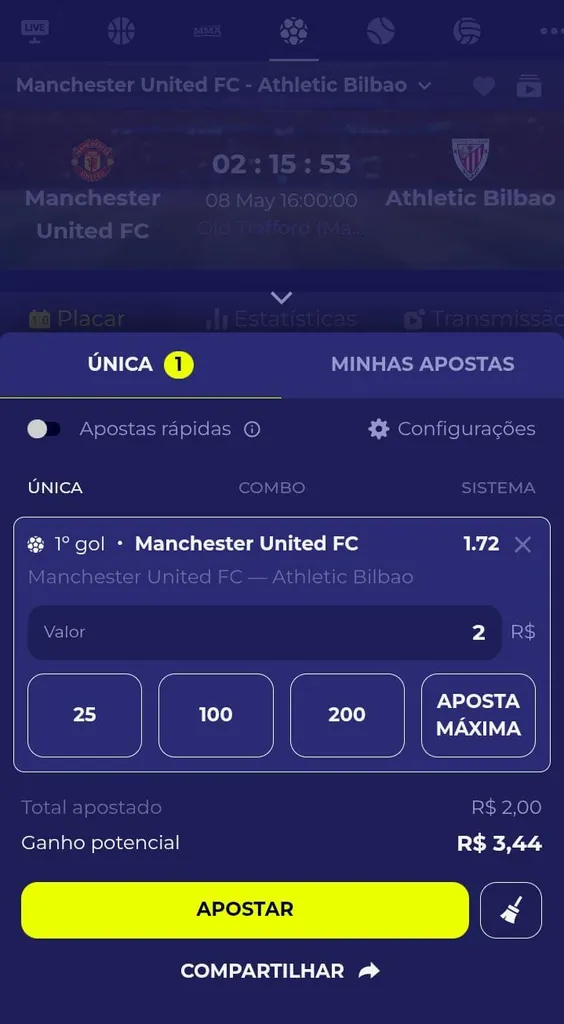Cupom de apostas da Alfabet para a linha 1º gol Manchester United FC, com odds a 1.72 e aposta a R$2