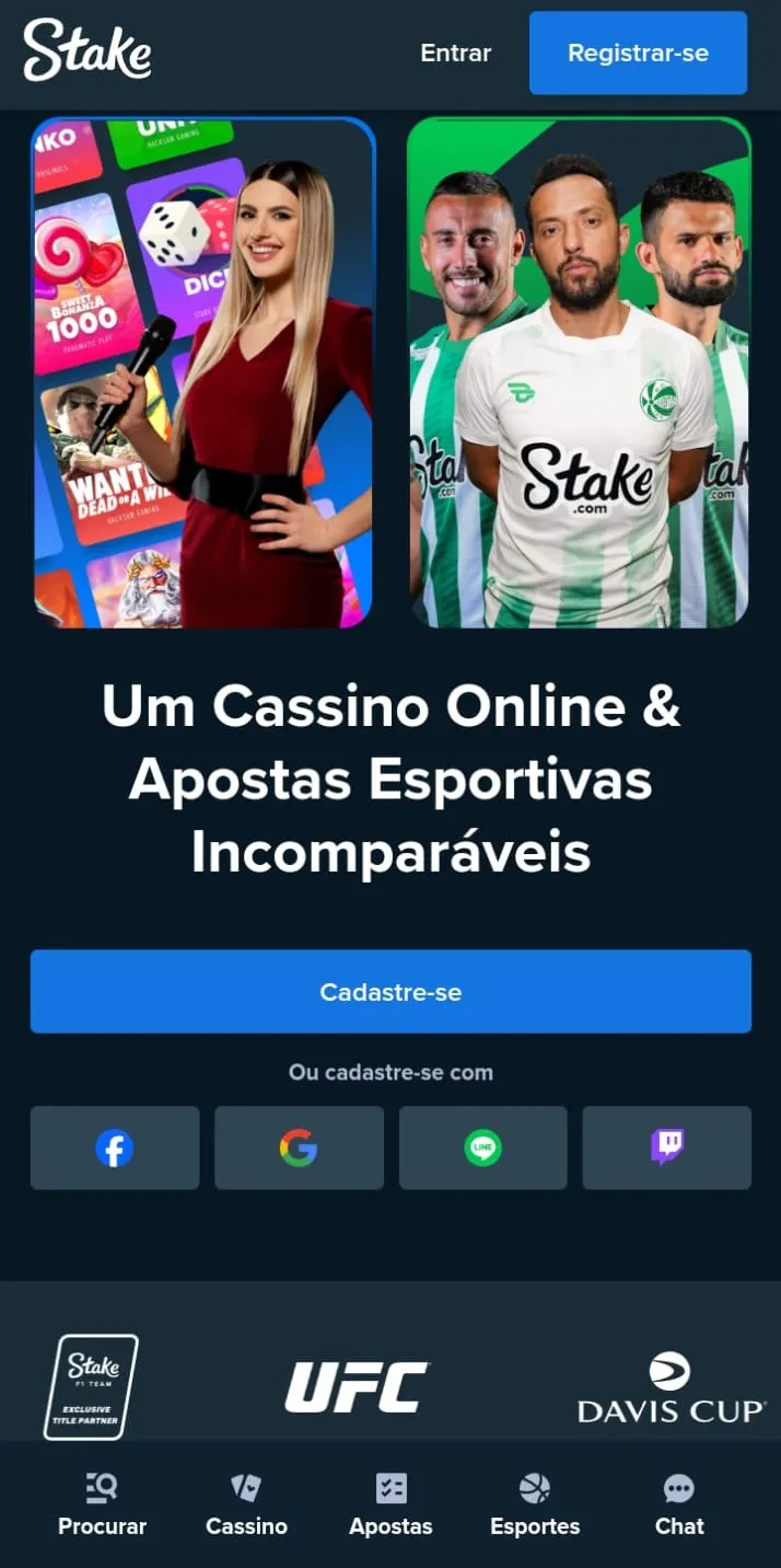Site Stake com opções de apostas esportivas e cassino online e botão para cadastro.