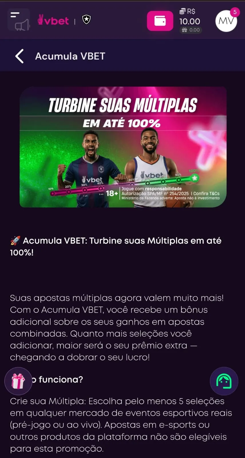 Screenshot da página de Acumula VBET com bônus de até 100% para bilhetes combinados.
Data: 03/08/2026