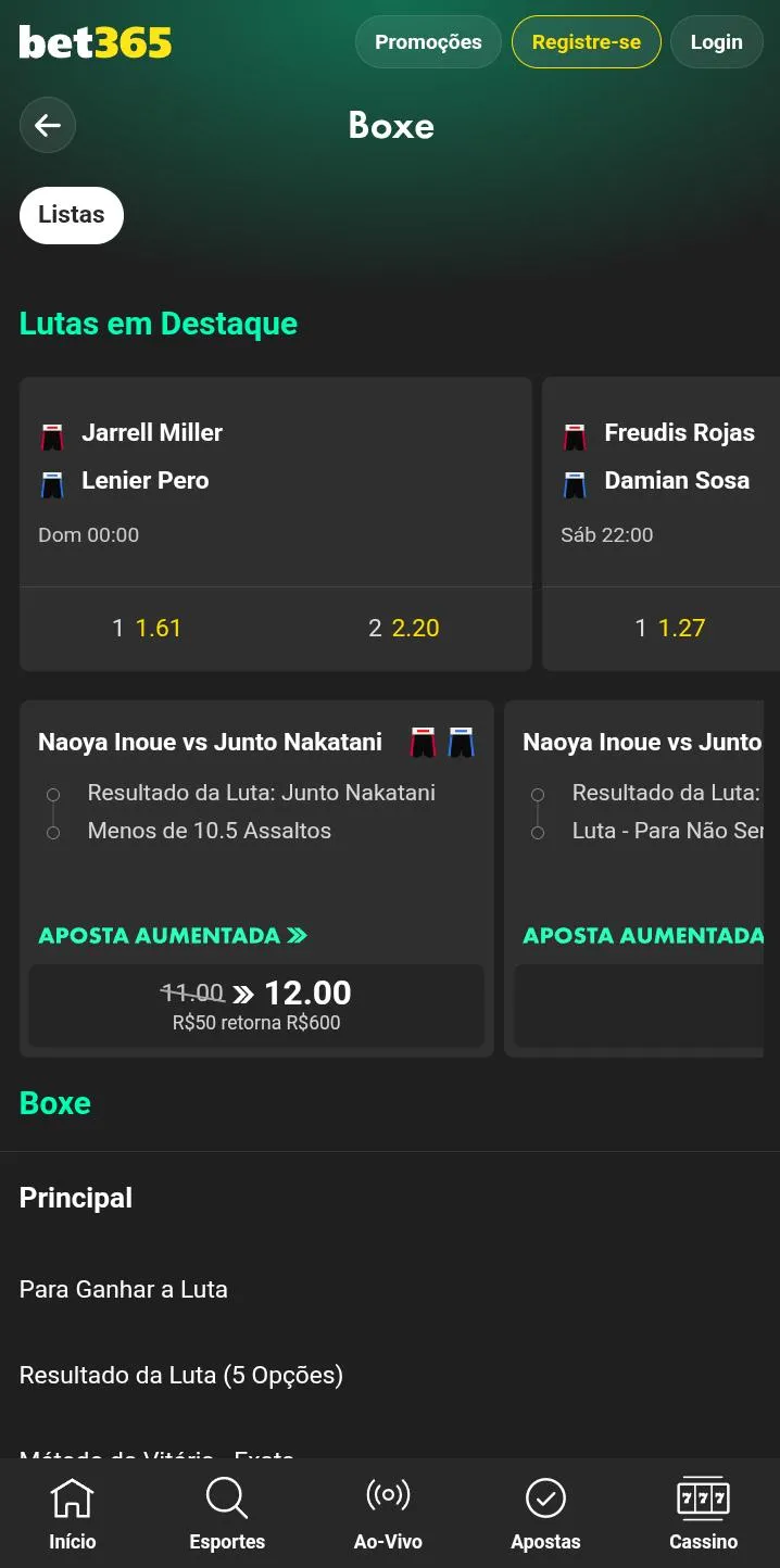 Lutas em destaque na Bet365, incluindo a luta entre Jarrel Miller vs Lenier Pero, além de aposta aumentada