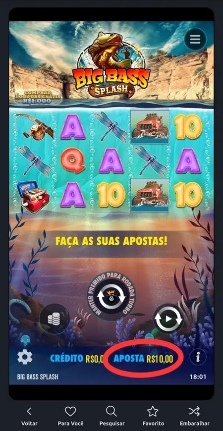 Big Bass Splash com valor original da aposta em R$10 quando o jogo é aberto.