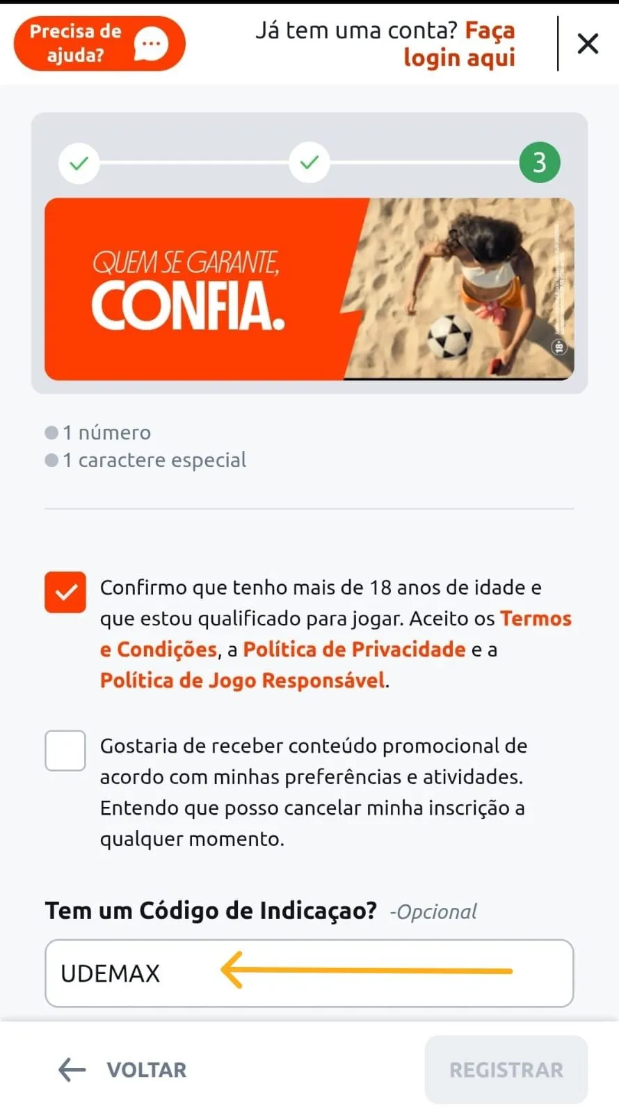 Formulário de cadastro com código Betano UDEMAX no campo específico e confirmação de aceitação dos termos e condições.