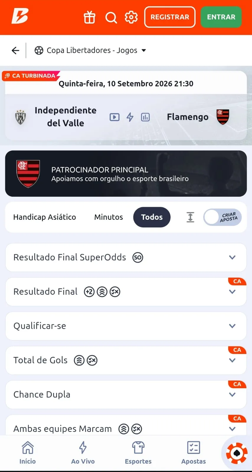 Mercado de resultado final para uma partida do Flamengo x Independiente del Valle na Betano